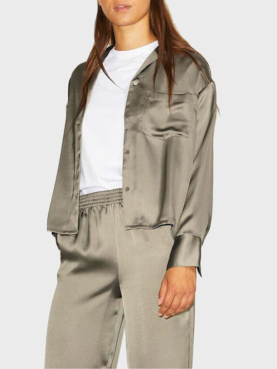 Langärmelig Damen Satin,σατεν Hemd Khaki Monochrom