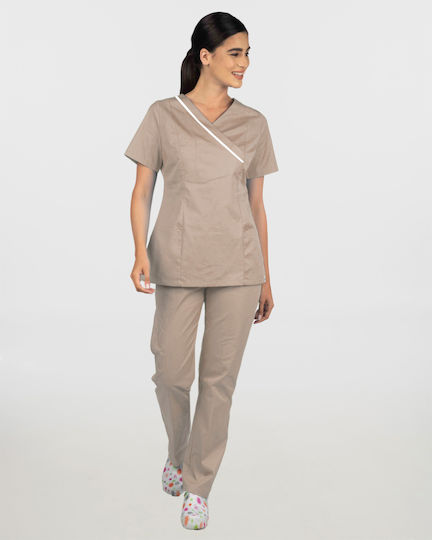 Ayo Nami Femei Set Pantaloni și Bluza Medicală Bej din Bumbac și Poliester