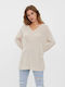 Vero Moda Damen Stricken Longshirt Langarm mit V-Ausschnitt Beige