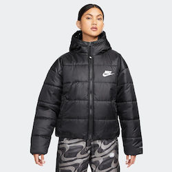 Nike Sportswear Therma Fit Repel Κοντό Γυναικείο Puffer Μπουφάν για Χειμώνα Μαύρο