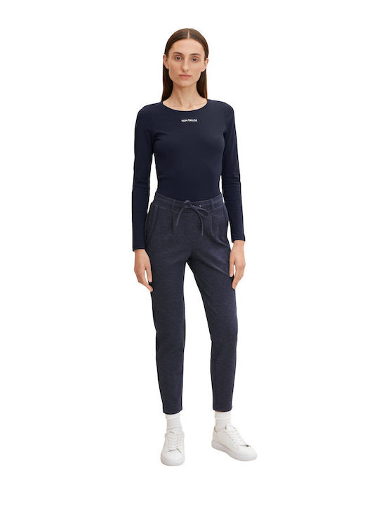 Women's High-waisted Fabric Capri Trousers Navy Blue