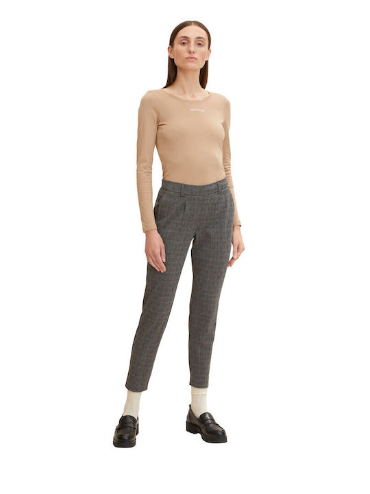 Women's High-waisted Fabric Capri Trousers Loose Fit Checked Gray