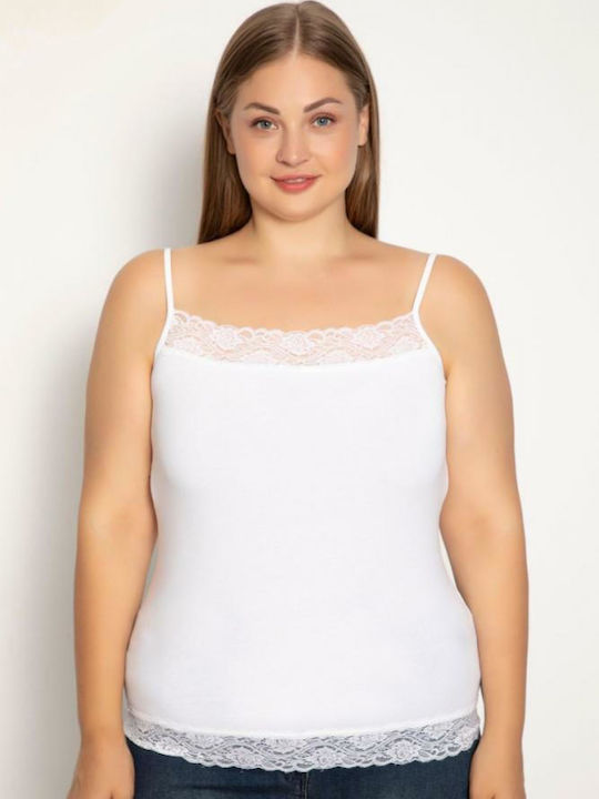 Plus Size Βαμβακερό Λευκό Γυναικείο Φανελάκι με Τιράντα