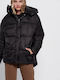 Funky Buddha Women's Short Puffer Jacket for Winter with Hood Black