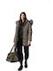 Lang Damen Puffer Jacke mit pelziger Kapuze für Winter Dark Beige