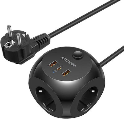 BlitzWolf PowerCube 3 Prize cu întrerupător, 2 USB și Cablu 1.5m Negru