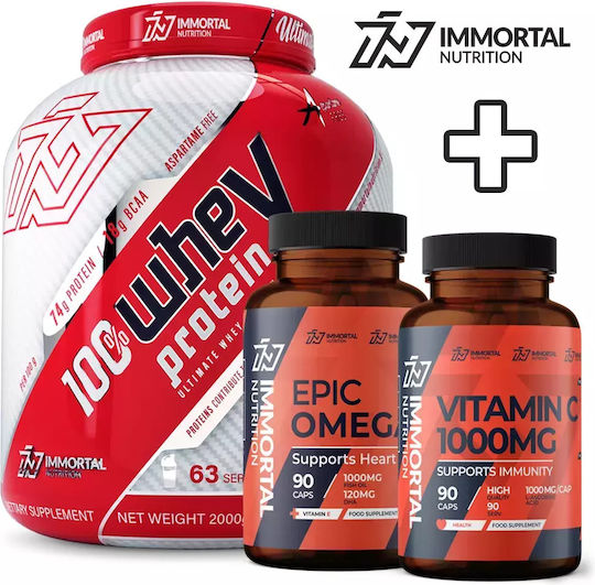 Immortal Nutrition 100% Whey Protein 2000gr Fudge Brownie, Epic Omega 3 90 μαλακές κάψουλες & Vitamin C 1000mg 90 κάψουλες