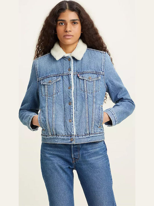 Original Women's Short Jean Jacket for Winter Blue