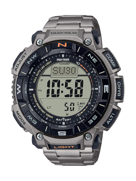 Casio Pro Trek Ανδρικό Ρολόι 52mm Χρονογράφος Solar με Γκρι Μεταλλικό Μπρασελέ