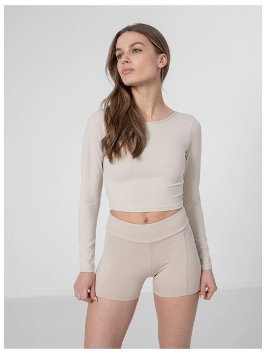 4F Damen Sportliches Crop Top Langärmelig Beige