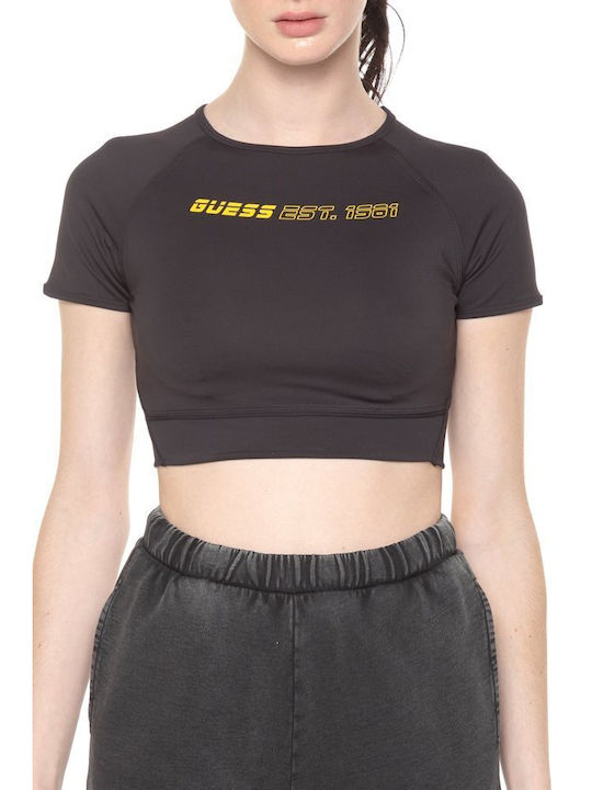 Guess Damen Sportliches Crop Top Kurzärmelig Schwarz