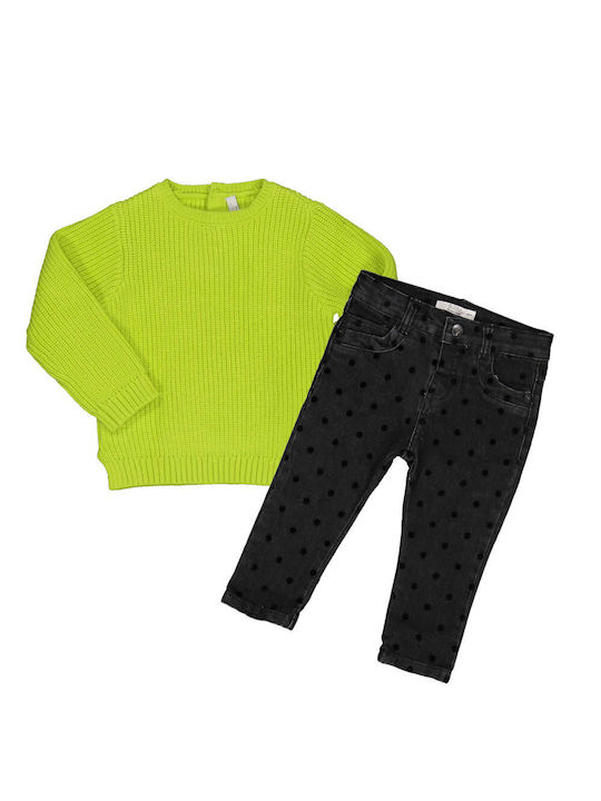 Set - Knitted fluo lime blouse and black denim polka dot pants