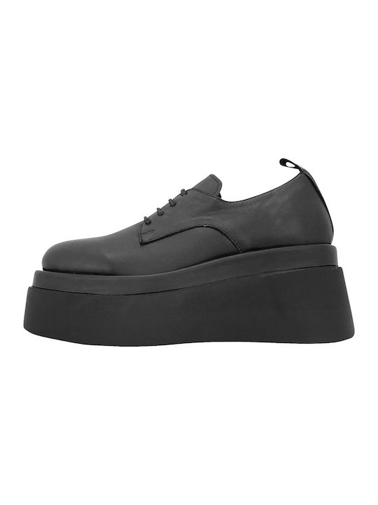 Bueno Shoes Δερμάτινα Γυναικεία Flatform Oxfords σε Μαύρο Χρώμα