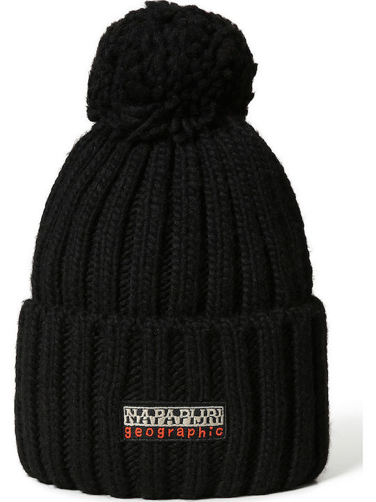 Fea 2 Pom Pom Beanie Beanie with Rib Knit in Black color