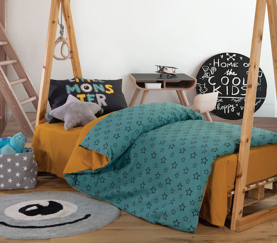 Nef-Nef Homeware Little Monsters Stars Σετ Παιδική Παπλωματοθήκη Μονή με Μαξιλαροθήκη Βαμβακερή Petrol 160x240εκ.