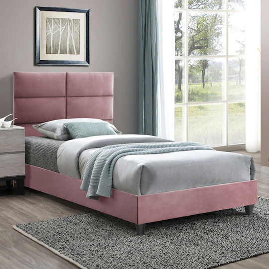Milo Single Bed Upholstered with Velvet Pink for Mattress 90x200cm