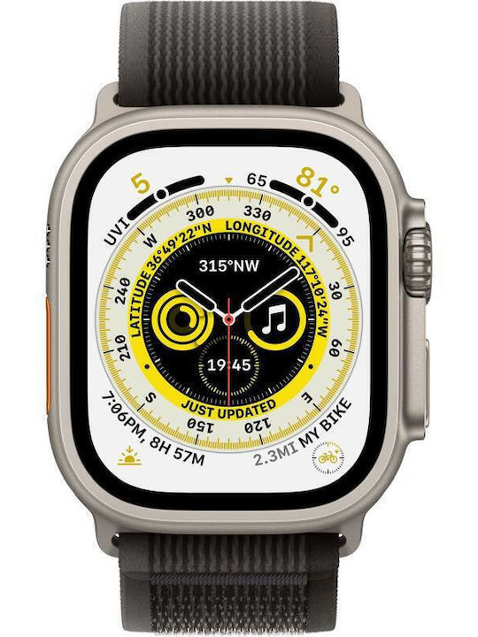 Apple Watch Ultra Titanium 49mm Αδιάβροχο με eSIM και Παλμογράφο (Black/Gray Trail Loop S/M)