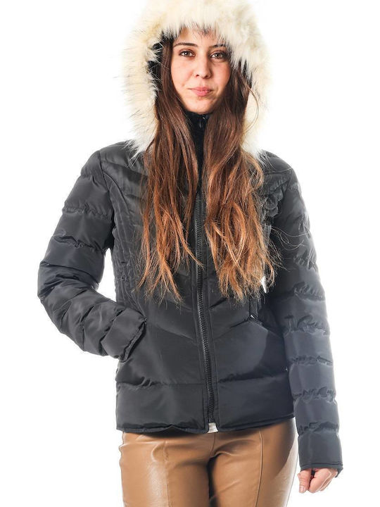 Kurz Damen Puffer Jacke mit pelziger Kapuze für Winter Schwarz