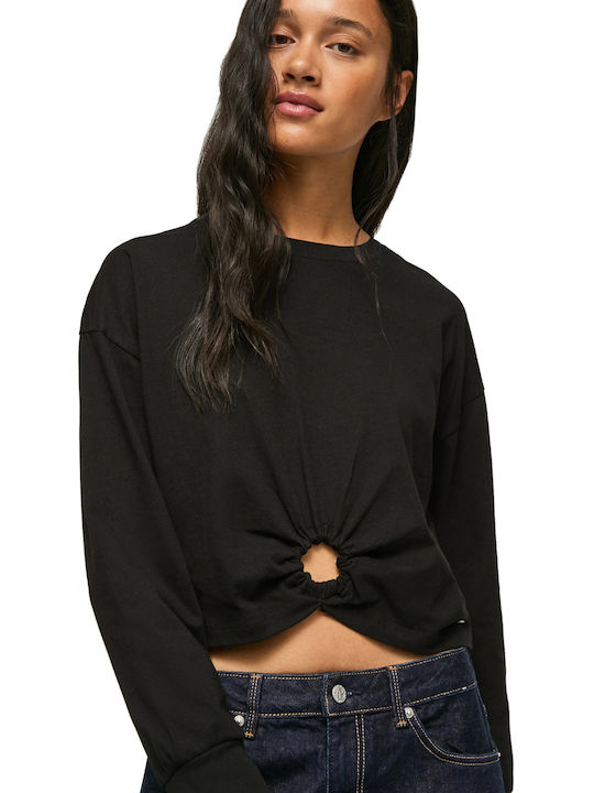 Pepe Jeans Sofia Women's Crop Top Cotton Turtleneck Long Sleeve Black