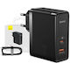 Baseus Încărcător GaN cu Port USB-A și Port USB-C și Cablu USB-C 100W Livrarea energiei / Quick Charge 4+ Negruς (Gan5)