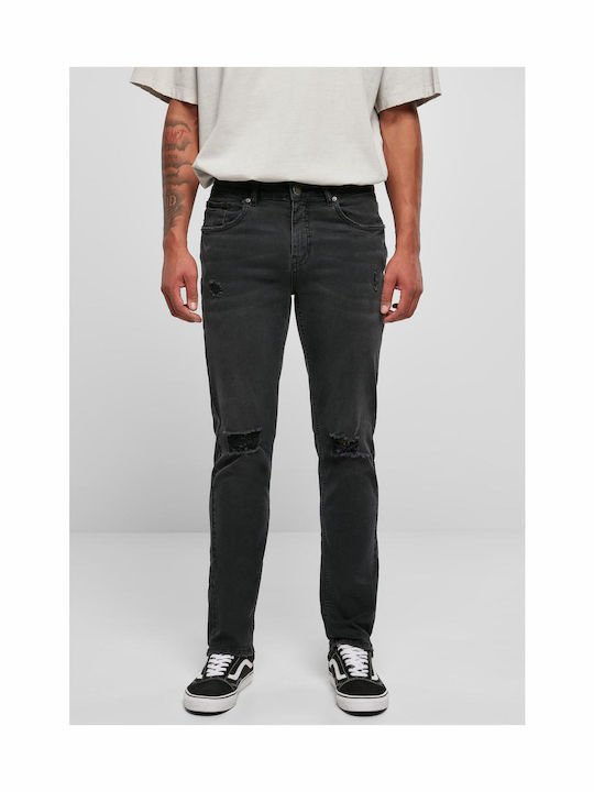 Men's Elastic Jeans Pants with Regular Fit Black Destroyed Washed