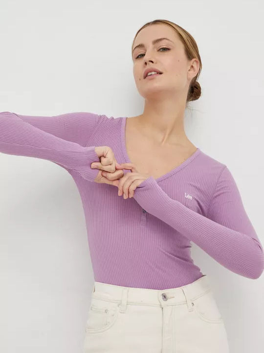 Henley Damen Bluse Langärmelig Flieder
