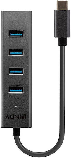 Lindy Hub 4 Porturi USB 3.2 cu Conectare USB-C Gri