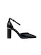 Exe Leather Pointed Toe Black Heels with Strap