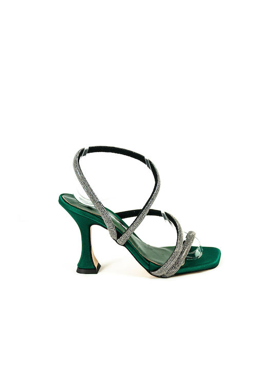 Sante Платнени Дамски сандали с Чуплив Високи Токчета в Зелен Цвят