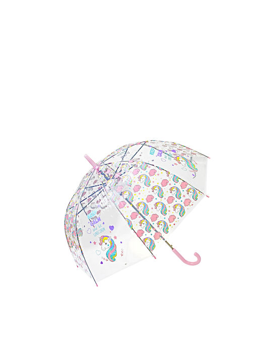 Regenschirm 8 Strahlen mit rosa Rattan transparent mit Einhorn-Design automatisch