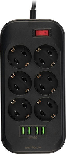 Serioux Πολύπριζο Aσφαλείας 6 Θέσεων με 4 USB-A, Διακόπτη και Καλώδιο 2m