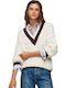 Damen Langarm Pullover mit V-Ausschnitt Gestreift Beige