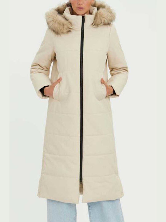 Vero Moda Lang Damen Puffer Jacke mit pelziger Kapuze für Winter Beige