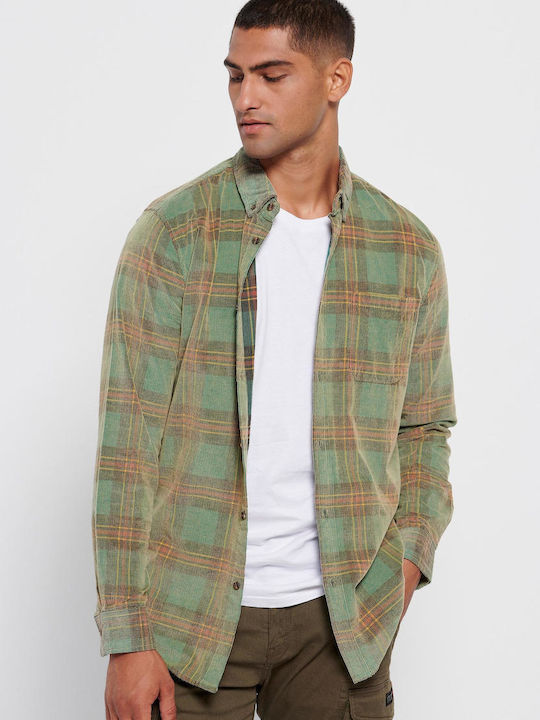 Funky Buddha Men's Shirt Long Sleeve Corduroy Checked Antique Green