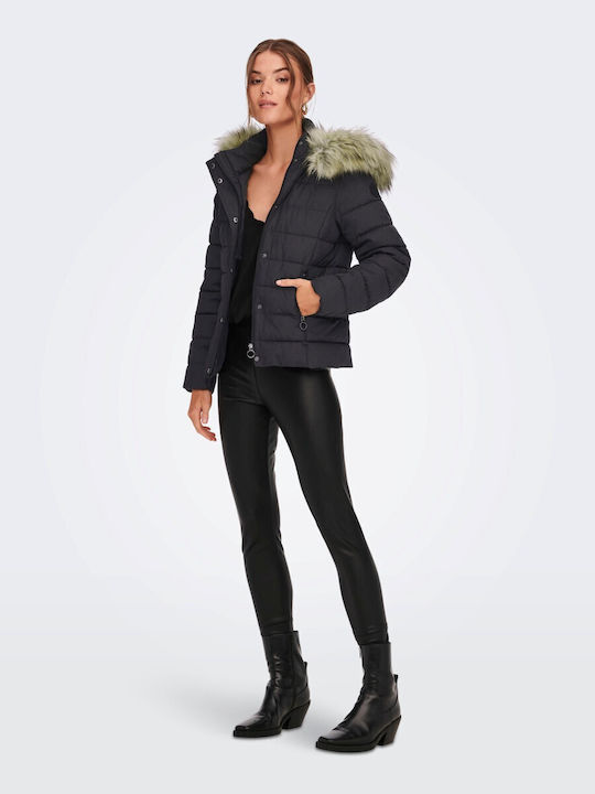 Only Women's Short Puffer Jacket for Winter with Detachable Hood Charcoal