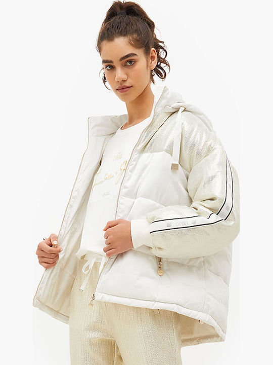 Women's Short Puffer Jacket for Winter with Hood White