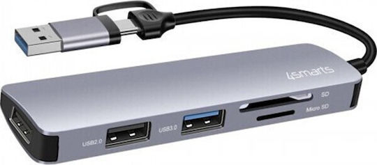 4Smarts Hub 3 Θυρών USB 2.0 με σύνδεση USB-A / USB-C Γκρι