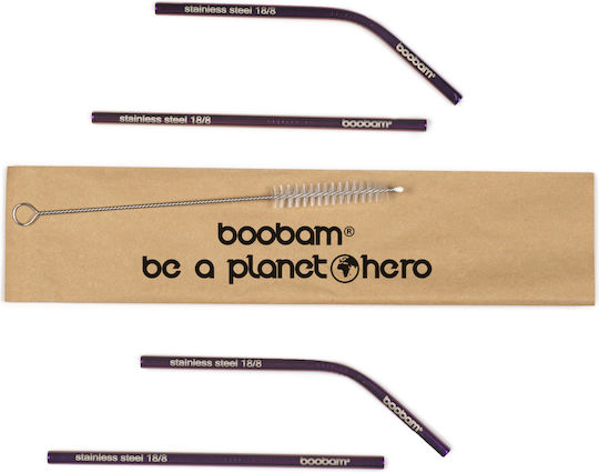 Boobam Straw Short Καλαμάκια Μεταλλικά Μωβ με Βουρτσάκι 4τμχ
