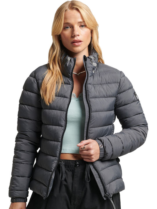 Women's Short Puffer Jacket for Winter Grid Charcoal