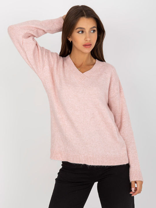 Rue Paris Women's Blouse Long Sleeve with V Neckline Pink