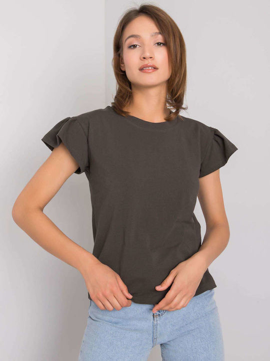 Rue Paris Women's Blouse Cotton Short Sleeve Dark Khaki