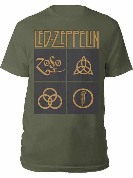 Rock Off Gold Symbols In Black Square T-shirt Led Zeppelin Χακί Βαμβακερό Rock Off Gold Symbols In Black Square T-shirt Led Zeppelin Χακί Βαμβακερό
