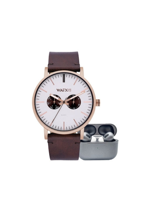 WATX & CO Battery Chronograph Watch with Leather Strap & Headphone Brown