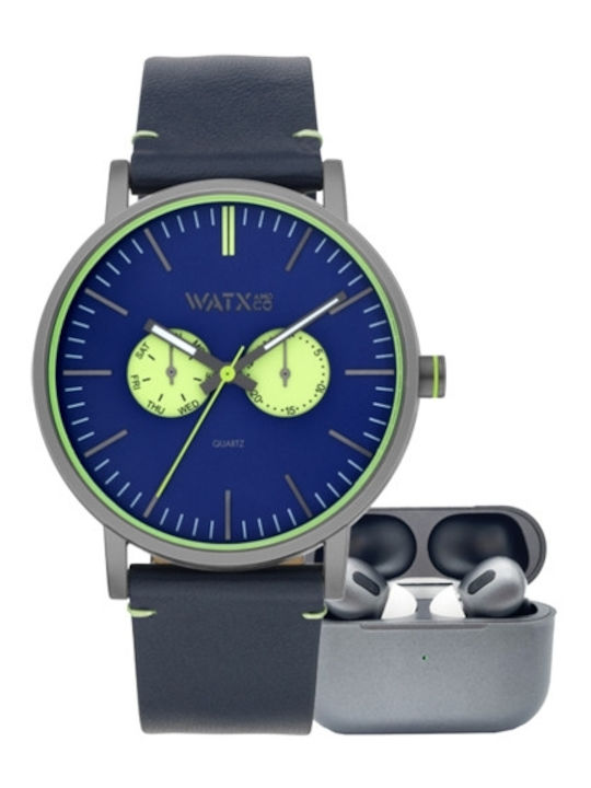 WATX & CO Ανδρικό Ρολόι Χρονογράφος Μπαταρίας με Μπλε Δερμάτινο Λουράκι