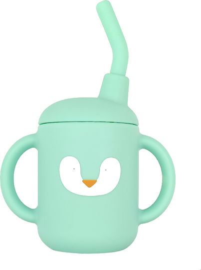 Baby Cloud Baby Cup with Handles and Straw Penguin made of Silicone Green 150ml for 6m+m+