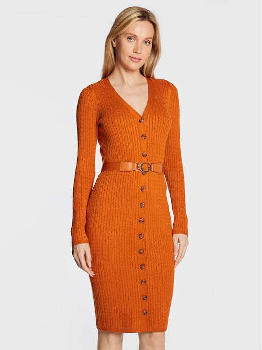 Guess Mini All Day Φόρεμα Πλεκτό με Κουμπιά Πορτοκαλί