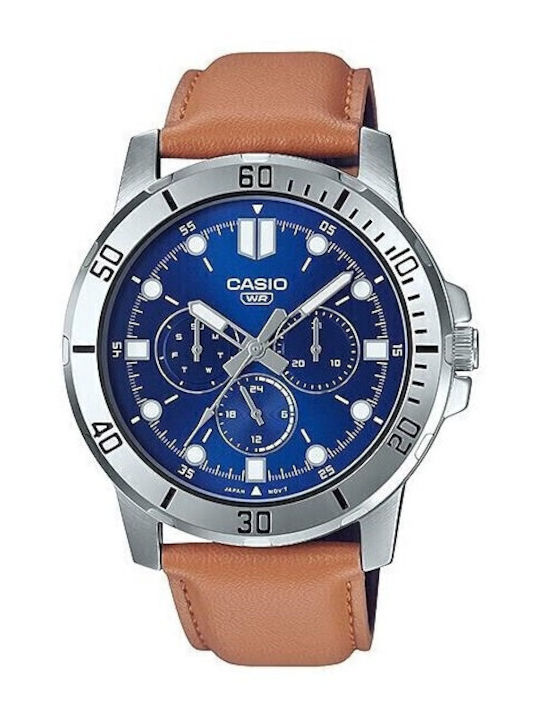 Casio Standard Herrenuhr 45mm Chronograph Batterie mit Braun Lederarmband