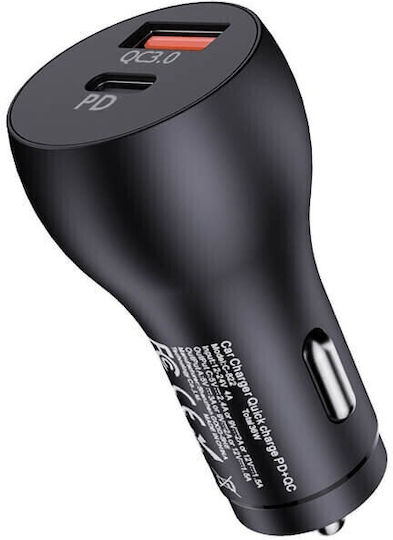 Awei C-822 Car Charger 18W 3A Fast Charging with Ports: 1xUSB 1xType-C Black Color