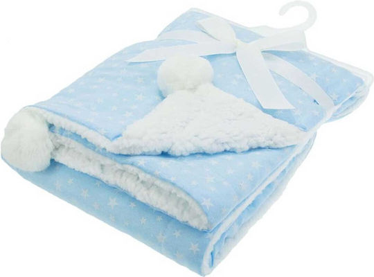 Soft Touch Κουβέρτα Αγκαλιάς & Λίκνου Pom Pom & Ribbon Βελουτέ Γαλάζια 75x100εκ.