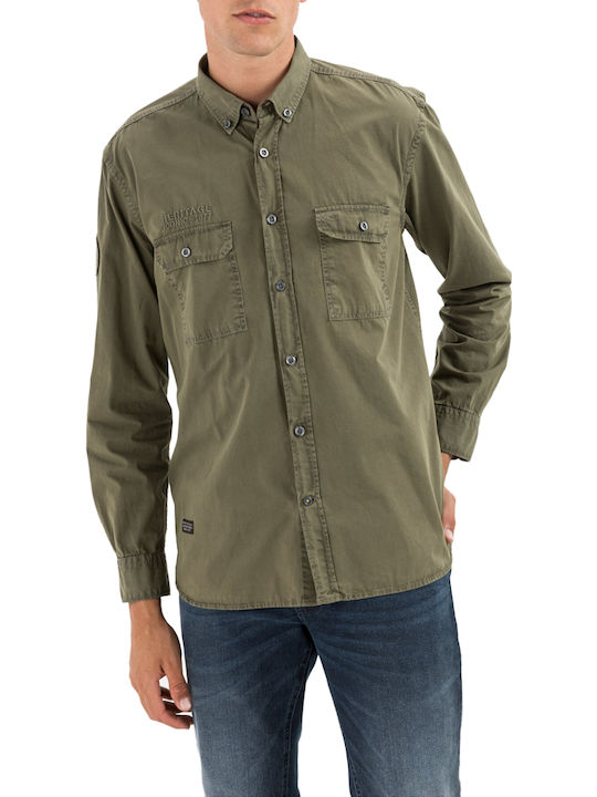 Langärmeliges Baumwoll-Overshirt in Normale Passform Khaki